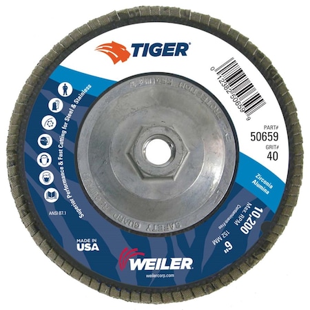 Weiler 6" Tiger Disc Abrasive Flap Disc, Conical (TY29), 40Z, 5/8"-11 UNC 50659